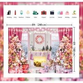 Pink Christmas Fireplace Backdrop Pink Xmas Tree Photography Background Winter Forest Gift Snow Window BanerChristmas Holiday Family Birthday Party Decoration Backdrop (8X6FT (240x180cm))