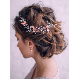 Kercisbeauty - Diadema para el cabello con diseño de flores, color oro rosa, perla y hojas de perlas