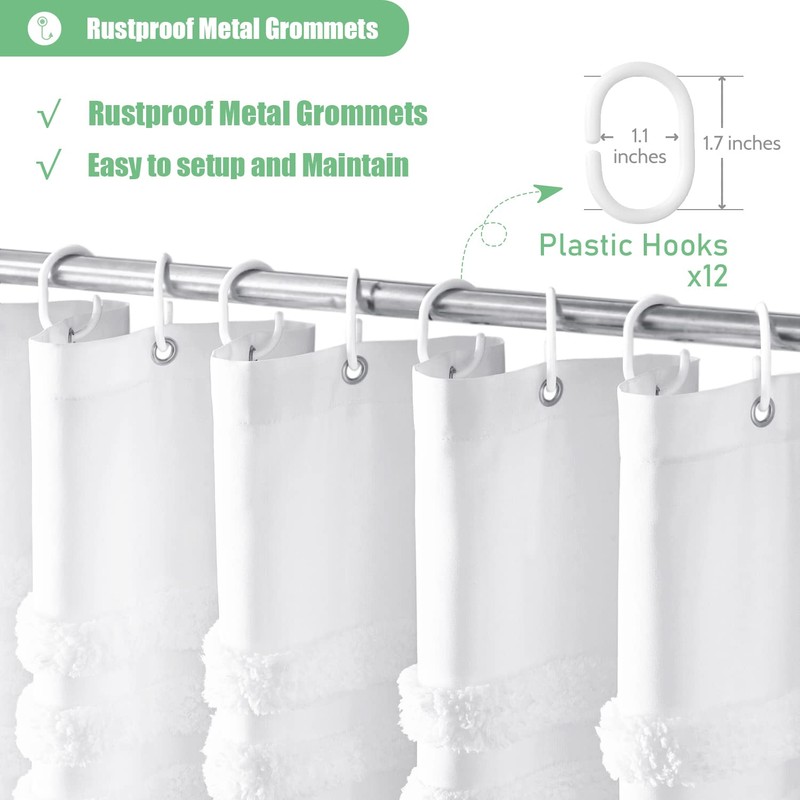 Dynamene White Fabric Shower Curtain, Tufted Chenille Striped Textured Cloth