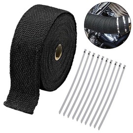 SacJkt 5cm x 5m Exhaust Heat Wrap Tape, Black Exhaust Manifold Downpipe Heat Wrap Kit with 10 pcs Stainless Ties, Fiberglass Exhaust Shield Wrap Roll for Motorcycle Car