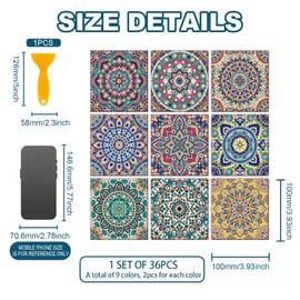 CHGCRAFT 36 Pcs 9 Style Tile Stickers Colorful Moroccan Style Peel and Stick Wall Tile Stickers Mandala Waterproof Self Adhesive Stick on Tiles Decals for Kitchen Bathroom Wall Art Decor, 4×4 Inch