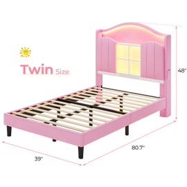 BTHFST Twin Girl Bed with LED Lights & Charging Station, Upholstered Storage Headboard Platform Twin Size Princess Bed Frame, No Box Spring Needed/Noise-Free/Easy Assembly, Pink