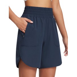 BALEAF - Pantalones cortos deportivos para mujer, de 7 pulgadas, de largo, para correr, entrenamiento, senderismo, cintura alta, secado rápido, bolsillos con cierre, UPF50+, marino, X-Small