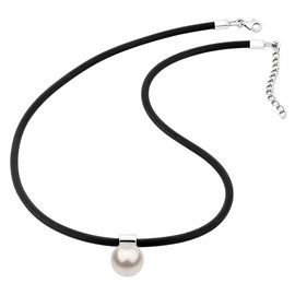 Nenalina KAS-344 Women's Black Rubber Necklace with Pearl Pendant (12 mm White Pearl) with 925 Sterling Silver Clasp Length 42 cm