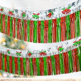 Christmas Decorations 4 Pack Total 40 Feet Tinsel Foil Fringe Garland Curtains Streamers Hanging Red Sliver and Green Jingling Bell Backdrop Banner for Car Parade Floats Christmas Birthday Party Decor