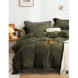 Nanko King Size Comforter Set Olive Green Tufted Jacquard Boho Geometry Soft Shabby Chic Down Alternative Microfiber Bedding - All Season Duvet Modern Farmhouse Bed Set Women Men 104x90 3pc Dark Green