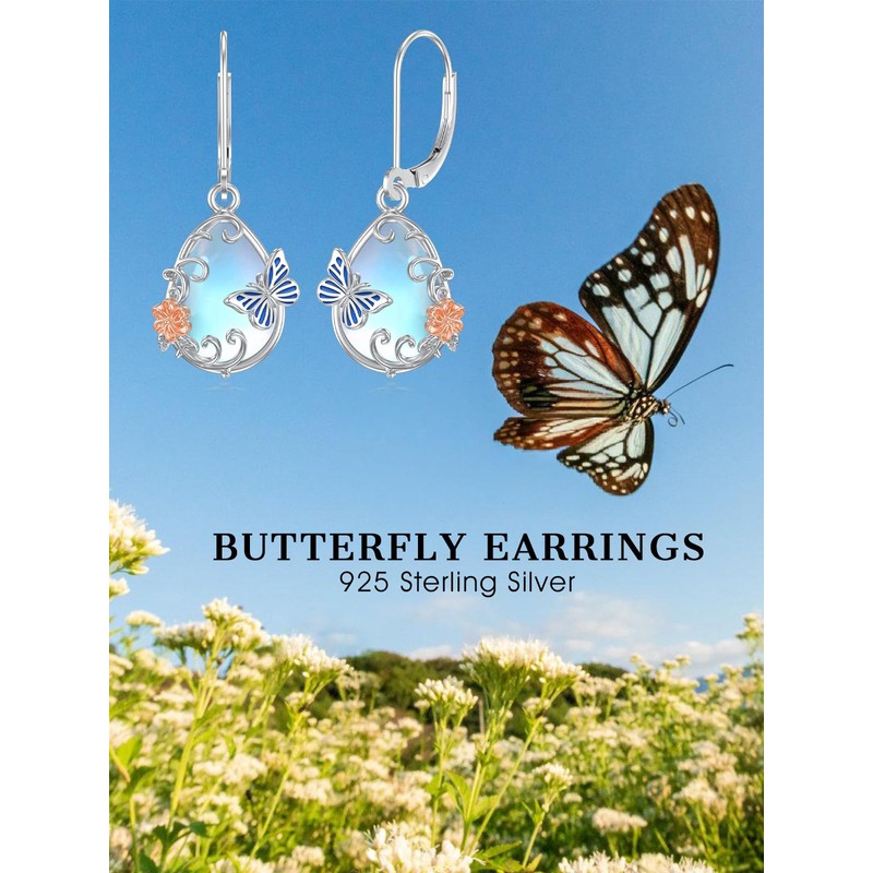 Seiyang Butterfly Moonstone Earrings 925 Sterling Silver Teardrop Moonstone Leverback
