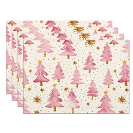 Christmas Placemats Set of 4, 12x18 Inch Pink Merry Christmas Trees Heat-Resistant Place Mats, Seasonal Winter Table Decors for Farmhouse Kitchen Dining Xmas Holiday Party