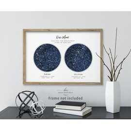 2 Skies Custom Star Map Print, Navy Watercolor Texture Zodiac Constellation Sky Map, Wedding Anniversary Birthday Gift For Him Her Husband Wife Mom Dad, Wall Art Prints (Two Circles)