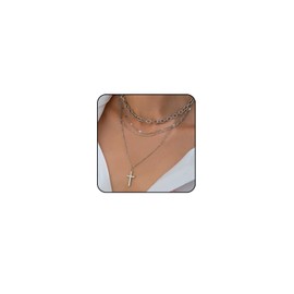 Layered Gold Cross Necklace for Women Non Tarnish 14K Stackable Necklaces Dainty Cross Pendant Necklace for Women Stack Gold Jewelry (Silver)