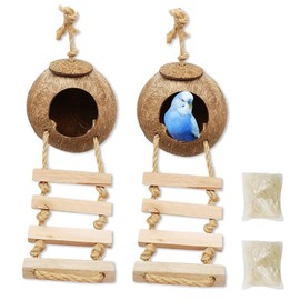 Tfwadmx 4 Pcs Coconut Hide with Ladder, Natural Coconut Fiber Hanging Birdhouse Cage, Coconut Bird Shell Breeding Nest for Parrot Parakeet Lovebird Finch Canary