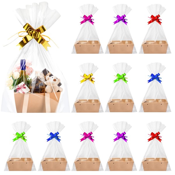 56 Pcs Kraft Baskets for Gifts Empty Sturdy DIY Bulk 12 Gift Basket Cardboard Basket with Handle 20 Clear Gift Bags 24 Pcs Colorful Pull Bows for Birthday Holiday Wedding Party (9.8 x 6.5 x 4.3 Inch)