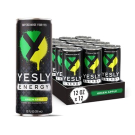Yesly Energy - All Natural Clean Energy Drink - Zero Sugar Functional Energy – 114mg of Green Tea Extracted Caffeine Per Serving - Green Apple, 12 Fl Oz (Pack of 12)