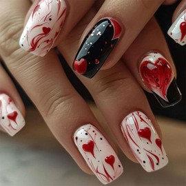 Bloody Love Heart Press on Nails Medium Square Valentine's Day False Nails Romantic Valentines Acrylic Fake Nails Glossy Heart Glue on Nails for Women Girls