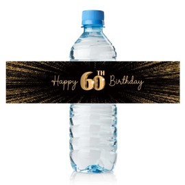 Black and Gold 60th Birthday Water Bottle Labels, 60th Birthday Party Water Bottle Labels for 60th Birthday Party Favors to Celebrate 60 years-24 Stickers.