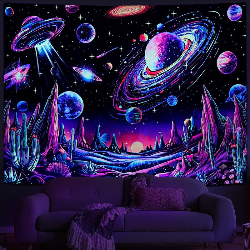 Tushelia Blacklight Galaxy Space Tapestry Neon Planet UFO Tapestries UV