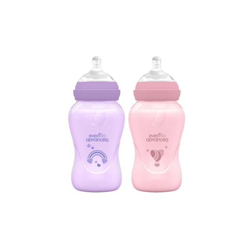 Evenflo Advanced Biberones Anticólicos Cuello Ancho, Rosa y Lila, Flujo