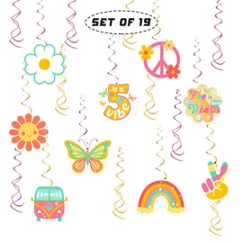 19Pcs Girl's 5th Birthday Hanging Swirl Decorations, Five is a Vibe Party Streamers Hanging, Daisy Flower Retro Themed Hippie Five Years Old Birthday Party Ceiling Decorations