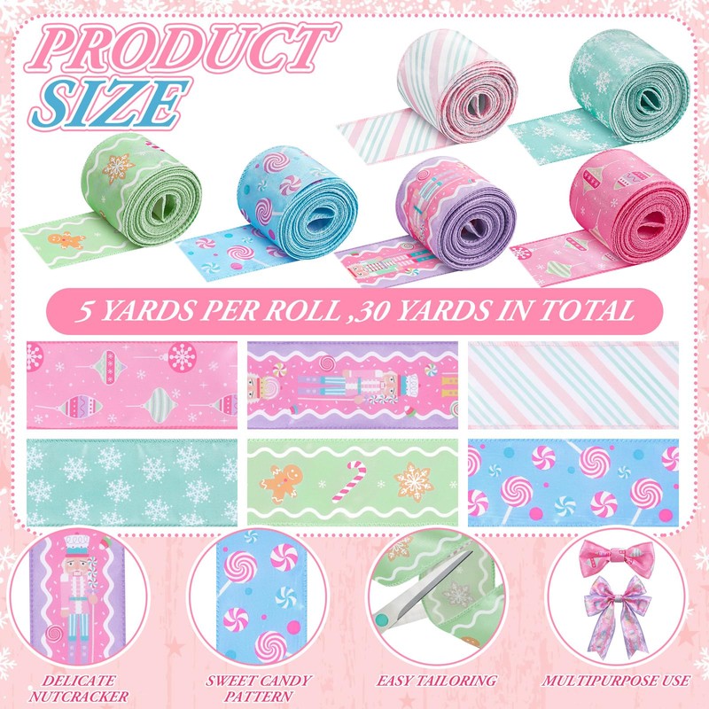 Riceshoot 6 Roll 30 Yards Christmas Ribbon Wired 1.97 Inch