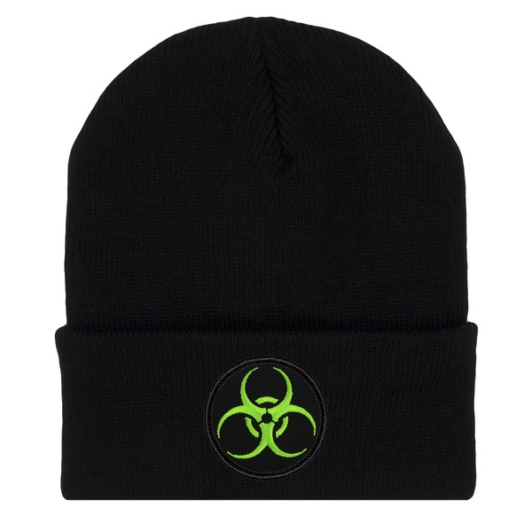 PATCHTOWN Neon Green Bio-Hazard Beanie Hat - Cold Weather Toboggan Cap/Ski Cap with Embroidered Biohazard Symbol