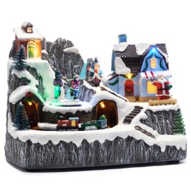 Valery Madelyn Christmas Village Scene with LED Lights and Train, Battery Operated Musical Resin House Gift for Christmas Home Indoor Decorations,Santa Claus and Winter Wonderland Cottage, 9 Inch