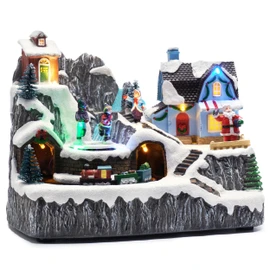 Valery Madelyn Christmas Village Scene with LED Lights and Train, Battery Operated Musical Resin House Gift for Christmas Home Indoor Decorations,Santa Claus and Winter Wonderland Cottage, 9 Inch
