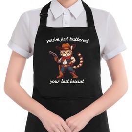 HUGANE Funny Western Cat Baking Apron with Pockets, Cat Lovers Gifts, Baking Lover Gifts, You're Just Buttered Your Last Biscuit Waterproof Adjustable Cooking Apron for Kitchen Dishwashing Grilling