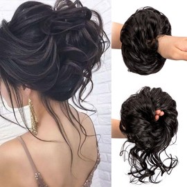 2PCS Messy Bun Hair Piece Tousled Updo Elastic Hair Bun Hair Piece for Women Synthetic Messy Hair Bun Donut Accessories Scrunchies (Brown black)