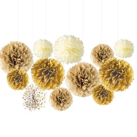 Ainmto Gold White Hanging Tissue Paper Pom Poms for Birthday Wedding Decorations（12pcs）