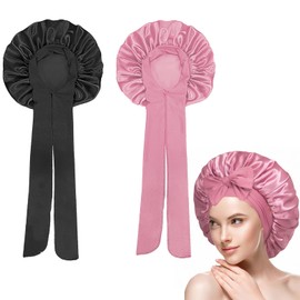 2 pieces satin hair cap for women, the night soft bonnet sleep cap for women, hair cap for night, sleep cap hair protection, adjustable wide band for attaching to the head, pink + black