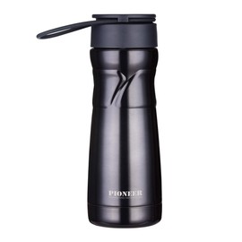 Pioneer STD450S Vacuum Insulated Stainless Steel Double Walled Drink Pod Flask with Rubber Handle and Strainer Hot and Cold for up to 8 Hours 100% Leak Proof 0.45 L – Slate