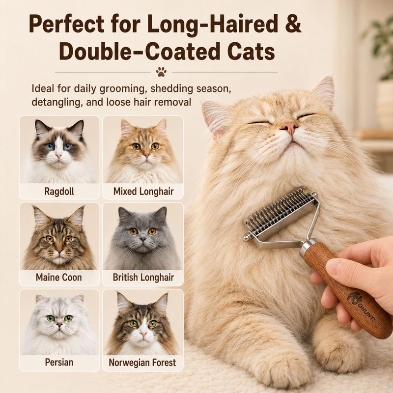 Cat Brush for Long Haired Cats, 2-in-1 Dematting Comb &