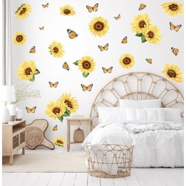 YIMEHDAN Sunflower Butterfly Wall Decals, Garden Flower Vinyl Wall Stickers, Removable Summer Floral Artwork for Farmhouse Bedroom Kitchen Decor