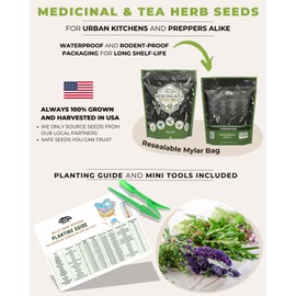 Tactiko Survival 40 Medicinal & Tea Herb Seeds Variety Pack, Indoor & Outdoor Herbal Garden Kit, USA Grown Heirloom Non-GMO, Herbal Seeds for Teas, Resealable Mylar Bag for Long-Term Storage