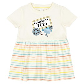 inktastic Coming in 2025- New Baby Announcement Infant Dress 12 Months Natural with Stripes 444f1