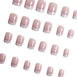 24Pcs French Tip Press on Nails Short Square Fake Nails Glossy Nude Pink False Nails Reusable Full Cover Stick on Nails Acrylic Nails Cute Matte Artificial Fingernails Glue on Nails for Women