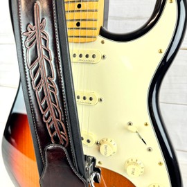 Walker & Williams GB-134 Oxblood Brown Native American Feather Padded Guitar Strap For Acoustic, Electric, And Bass Guitars