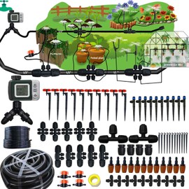 160Ft Drip Irrigation System with Water Timer for Garden, Main Water Hose ID 1/2inch 30Ft, 1/4in 130Ft, Sufficient Water Pressure, Irrigation Dripper Waterflow Evenly, Easy DIY Garden Watering System