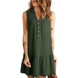 Dokotoo Womens Dresses 2025 Spring Summer V-Neck Buttons Sleeveless Pockets Casual Beach Sundress Mini Tank Dress Green XX-Large