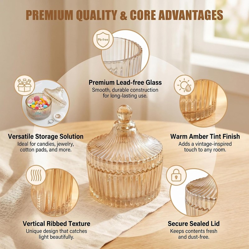 Candy Jar with Lid, Ribbed Amber Glass Tent Shape 7.4oz