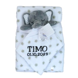 KIDDI-MEDIA Babydecke inklusive Trösterchen mit Name und Geburtsdatum Bestickt/kuschelig weich / 1A Qualität (Grau Elefant Sterne)