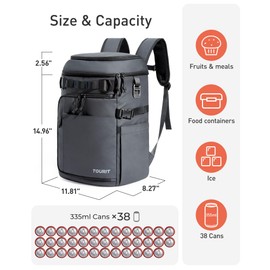 TOURIT 38 Cans Backpack Cooler: Leak Proof Waterproof 2 Insulated Compartments Soft Cooler Bag Beach Travel Camping Picnic Grey