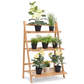 Casart Bamboo Ladder Stand Shelf, Foldable Multifunctional Flower Display Rack, 3-Tier Storage Rack for Home and Office