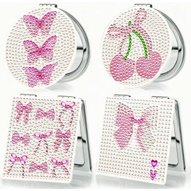 4 Pcs Diamond Painting Compact Mirror Gem Art Mirror Pink Pocket Mirror Compact Diamond Art Small kit for Beginners Adults DIY Art Craft Woman Gifts