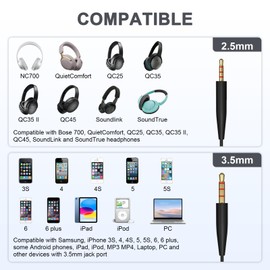 Zosvoses QC35 Audio Cable with Inline Mic Compatible with Bose 700 QuietComfort QC25 QC35 QC35II QC45 SoundLink SoundTrue On-Ear Headphones, 3.5mm to 2.5mm Aux Cable, 5ft (Black)
