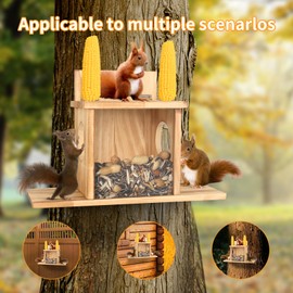 Wood Squirrel Feeder, Squirrel Feeders for Outside Winter, Wooden Chipmunk Feeder Waterproof for Corn, Peanuts, Durable Box Easy to Fill with Removable Front Panel