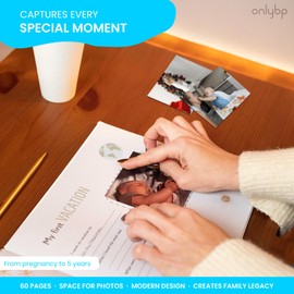 OnlyBP® Baby Memory Book – Keepsake Baby Book from Pregnancy to 5 Years - 60+ Pages for Photos, Milestones & First Years - Includes Pen & Stickers - Perfect Baby Shower for New Parents