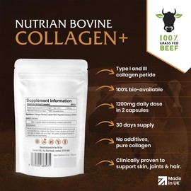 Collagen+ | 1200mg Bio-Active Hydrolysed 100% Bovine Collagen Peptides | Grass-Fed, Halal Certified, Made in UK | Type I & III | Skin, Hair, Nails & Joint Support | 60 Capsules | 1 Month Supply
