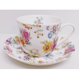 Rainbow Decors Oriental Garden Cup and Saucer Fine Bone China Breakfast Jumbo 15 oz Vintage Floral Flowers Set Hand Decorated in UK