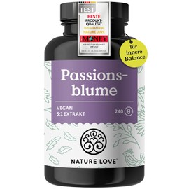 NATURE LOVE® Passion Flower Extract - 240 Capsules in 4 Month Stocks. 750 mg extract 5:1 (equivalent to 3750 mg passion flower) per daily dose. No unwanted additives, high dosage, vegan, made in Germany